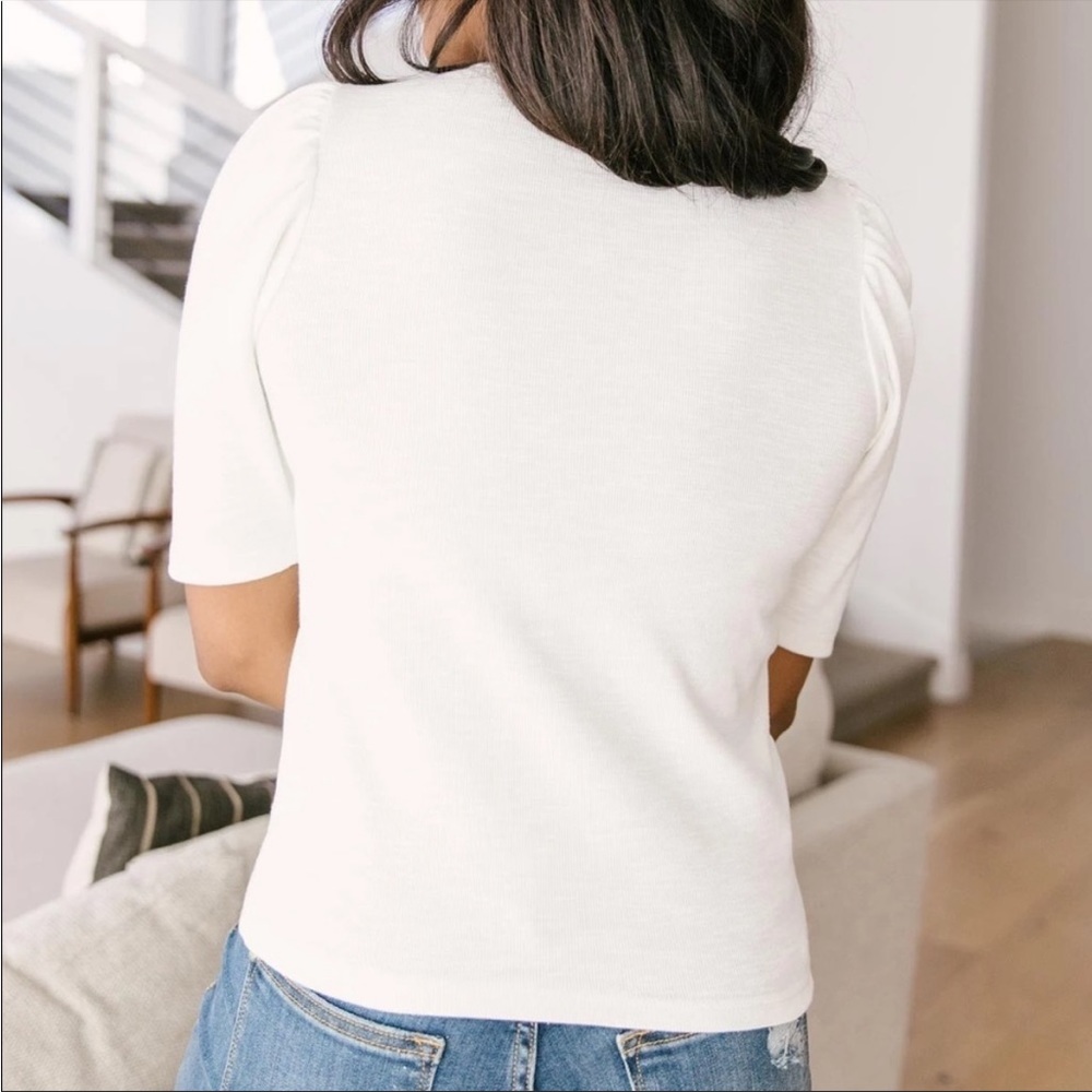 White Puff Sleeve Blouse Basic Knit Soft Stretchy - image 6